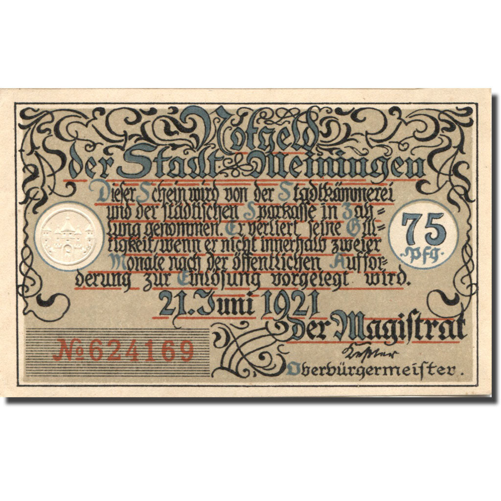 Banknote, Germany, Meiningen, 75 Pfennig, château, 1921 UNC(63) Mehl:877.2