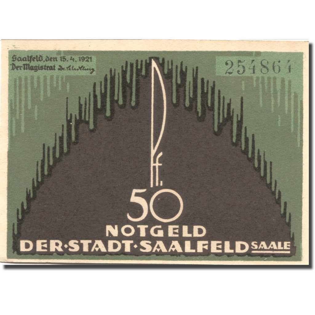 Billet, Allemagne, Saalfeld, 50 Pfennig, mairie, 1921 SPL Mehl:1155.3