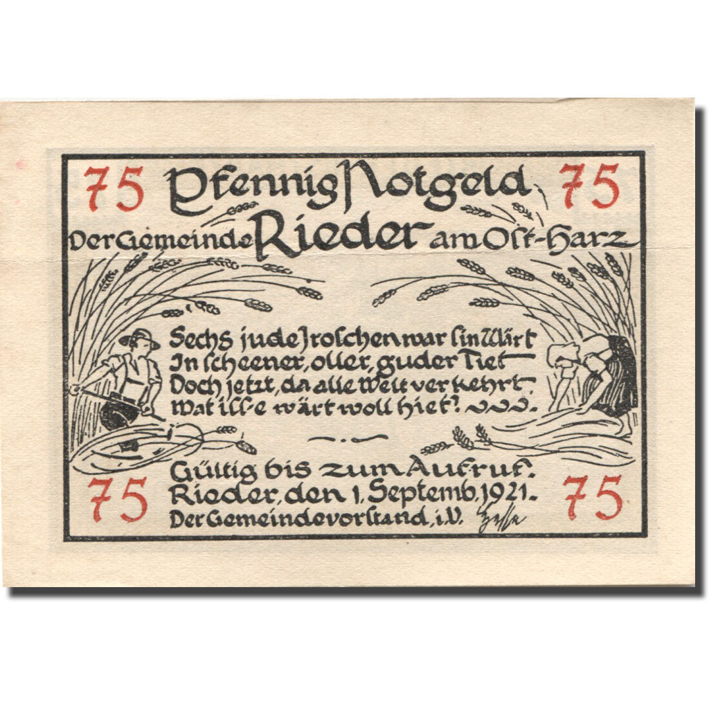Banknote, Germany, Rieder, 75 Pfennig, champs, 1921 UNC(63) Mehl:1122.1a