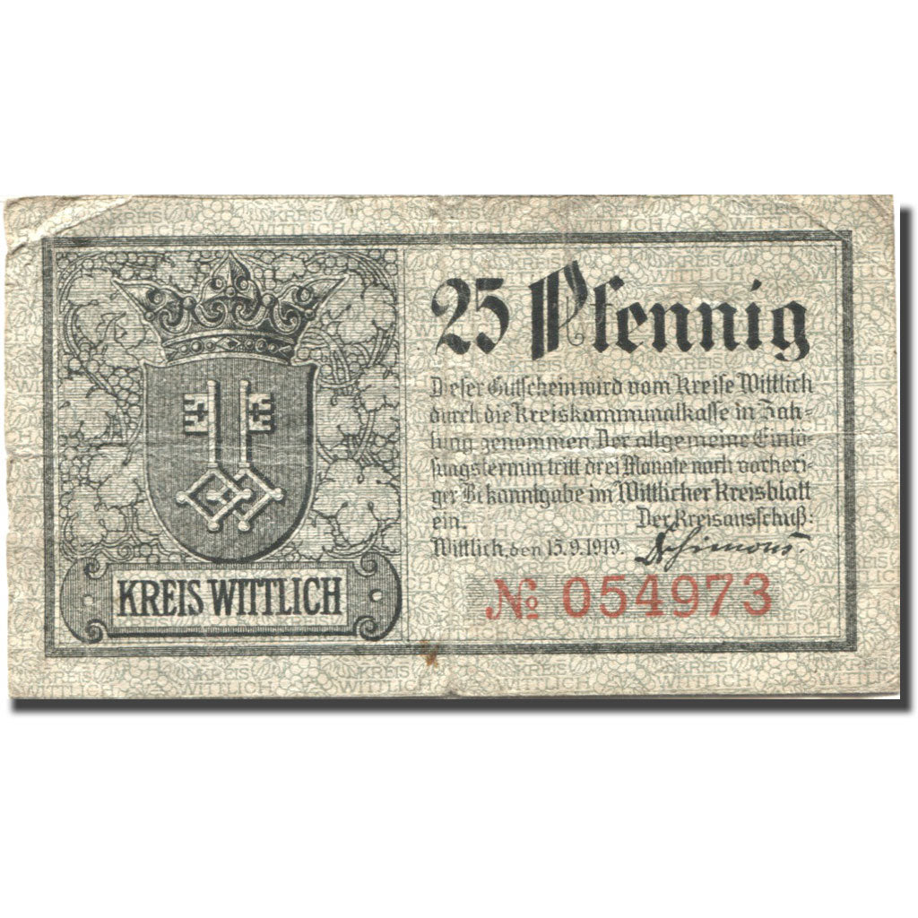 Banknote, Germany, Wittlich, 25 Pfennig, Blason, 1919 VF(20-25) Mehl:52.3b