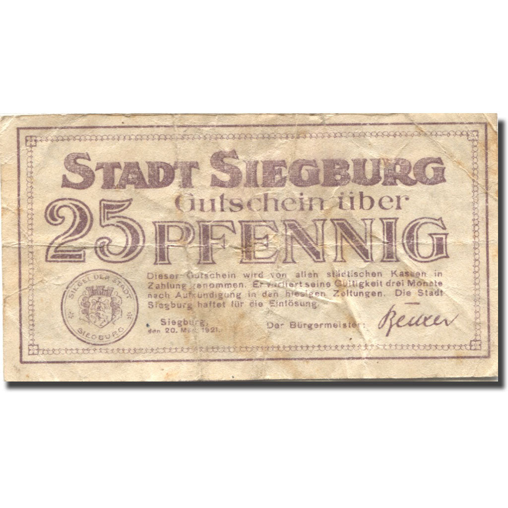 Banconote, Germania, Siegburg, 25 Pfennig, château, 1921 MB Mehl:1225.3