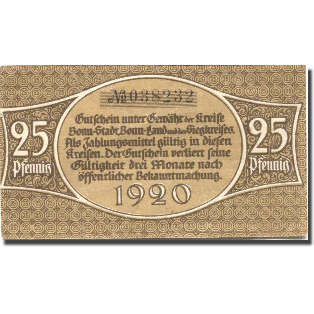 Biljet, Duitsland, Bonn, 25 Pfennig, personnage, 1920, SUP, Mehl:74.6b