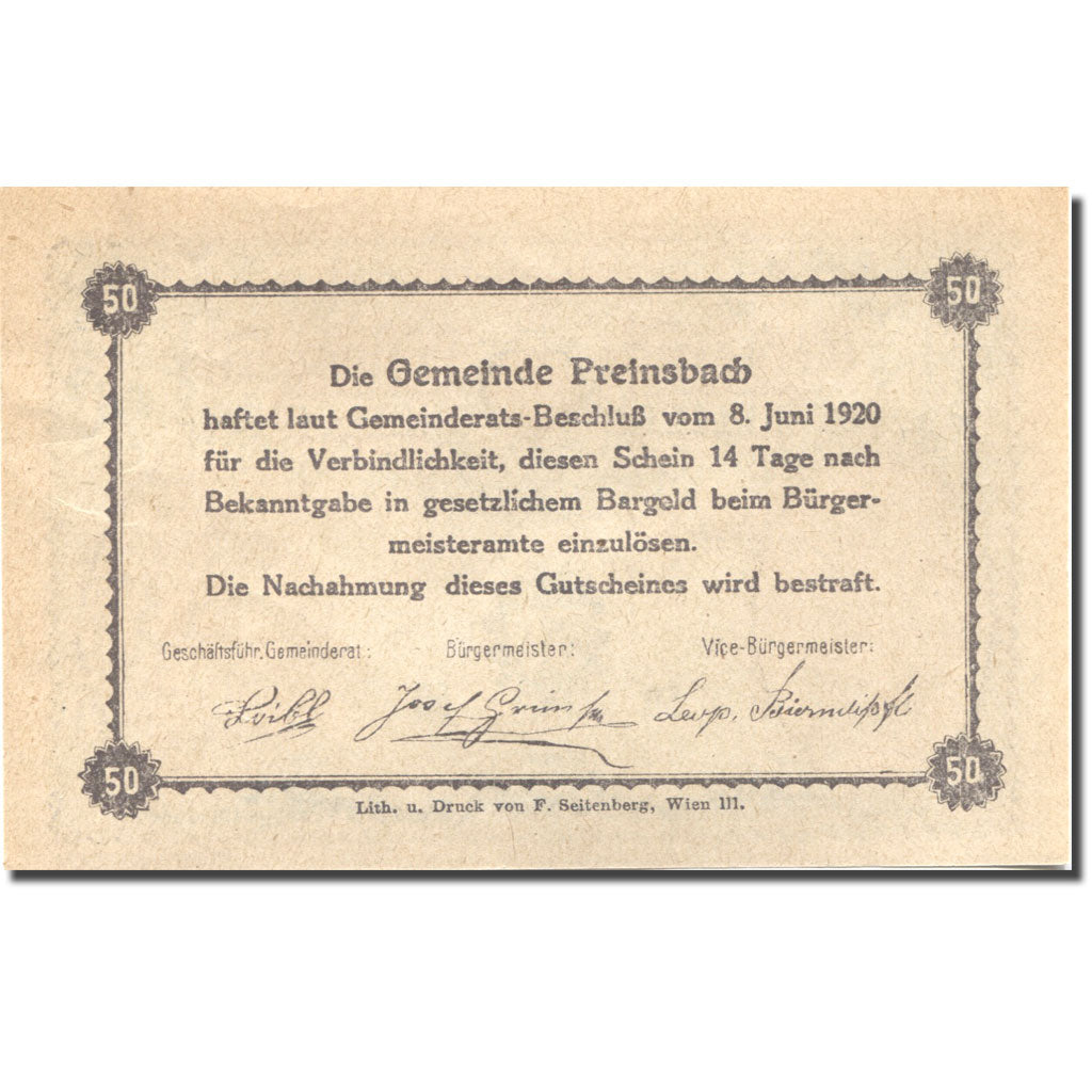 Banknote, Austria, Preinsbach, 50 Heller, Usine, UNC(63), Mehl:FS 782a