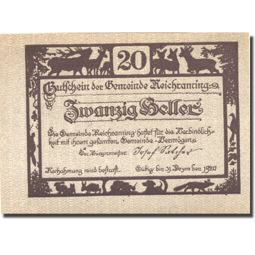 Banknote, Austria, Reichraming, 20 Heller, Forêt, 1920 UNC(63) Mehl:FS 829b