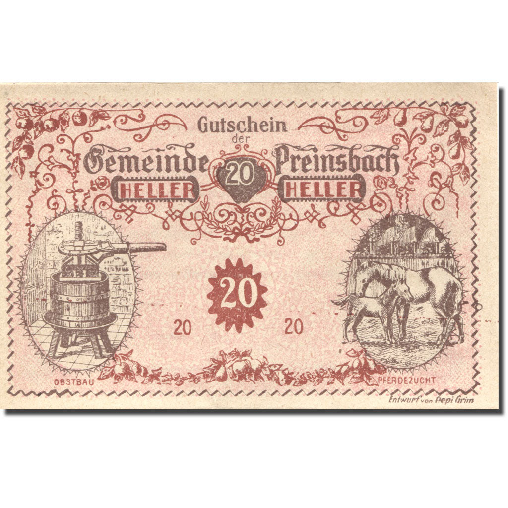 Banknote, Austria, Preinsbach, 20 Heller, Usine 1, 1920 UNC(63) Mehl:FS 782a