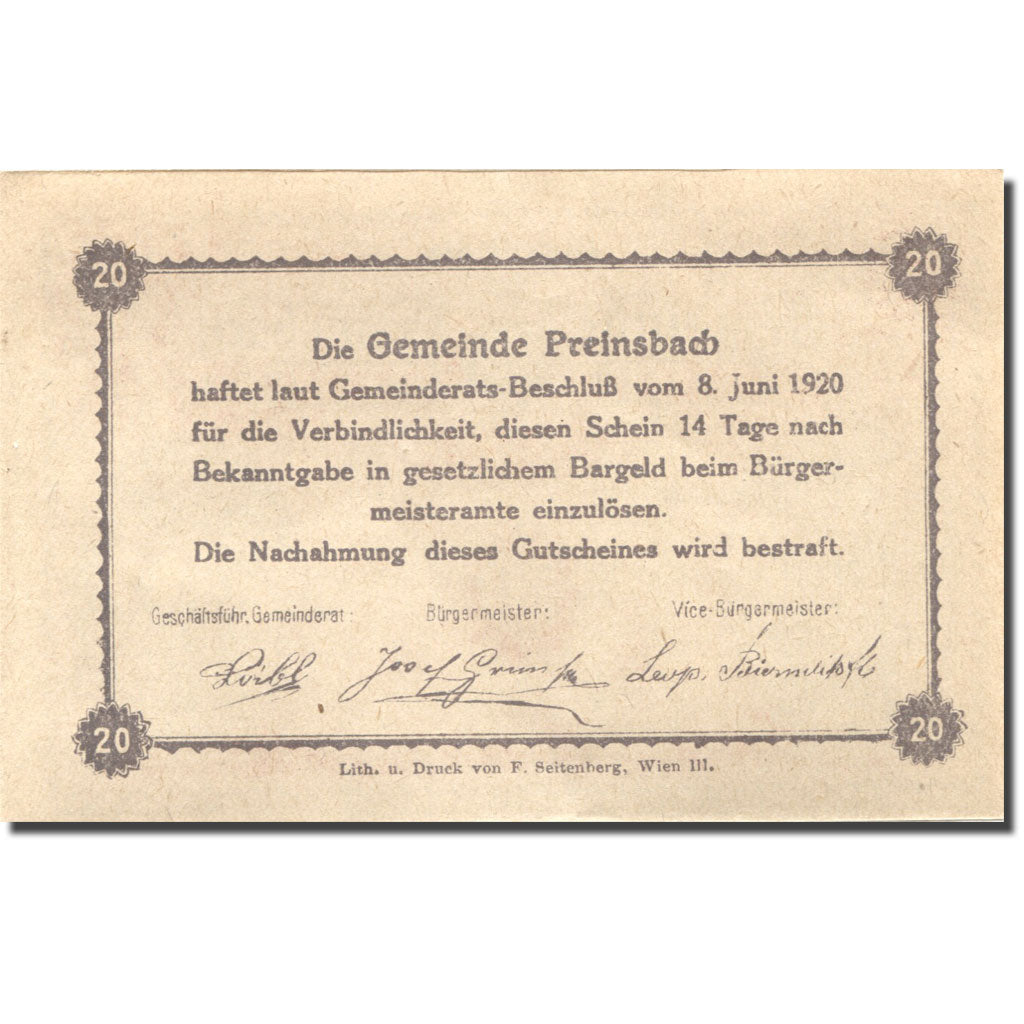 Banknote, Austria, Preinsbach, 20 Heller, Usine 1, 1920 UNC(63) Mehl:FS 782a