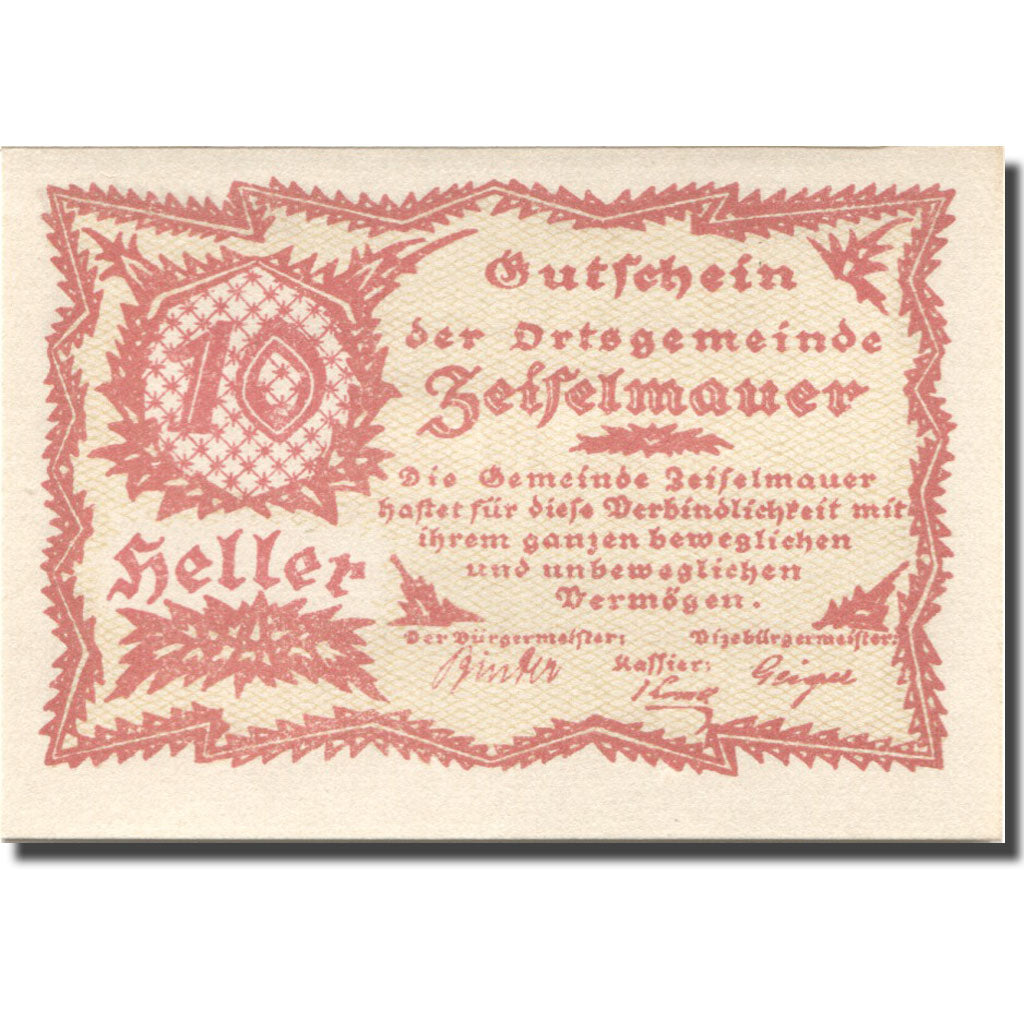 Nota, Áustria, Zeiselmauer, 10 Heller, valeur faciale, 1920 SPL Mehl:FS 1265g
