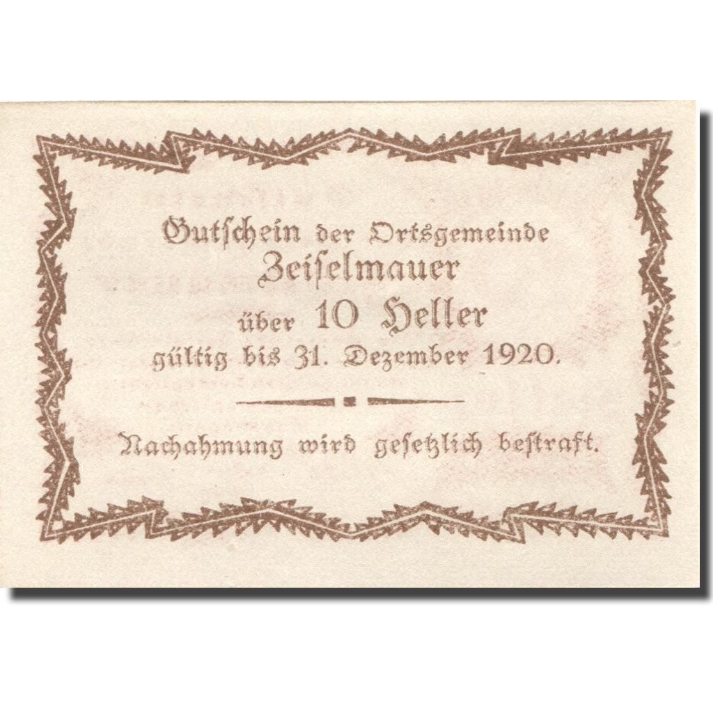 Nota, Áustria, Zeiselmauer, 10 Heller, valeur faciale, 1920 SPL Mehl:FS 1265g