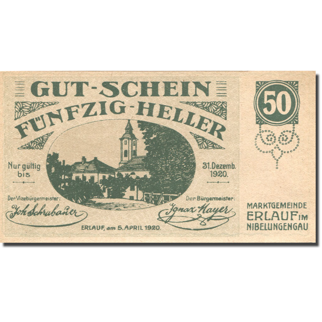 Banknote, Austria, Erlauf, 50 Heller, Eglise, 1920 UNC(63), Mehl:FS 181b