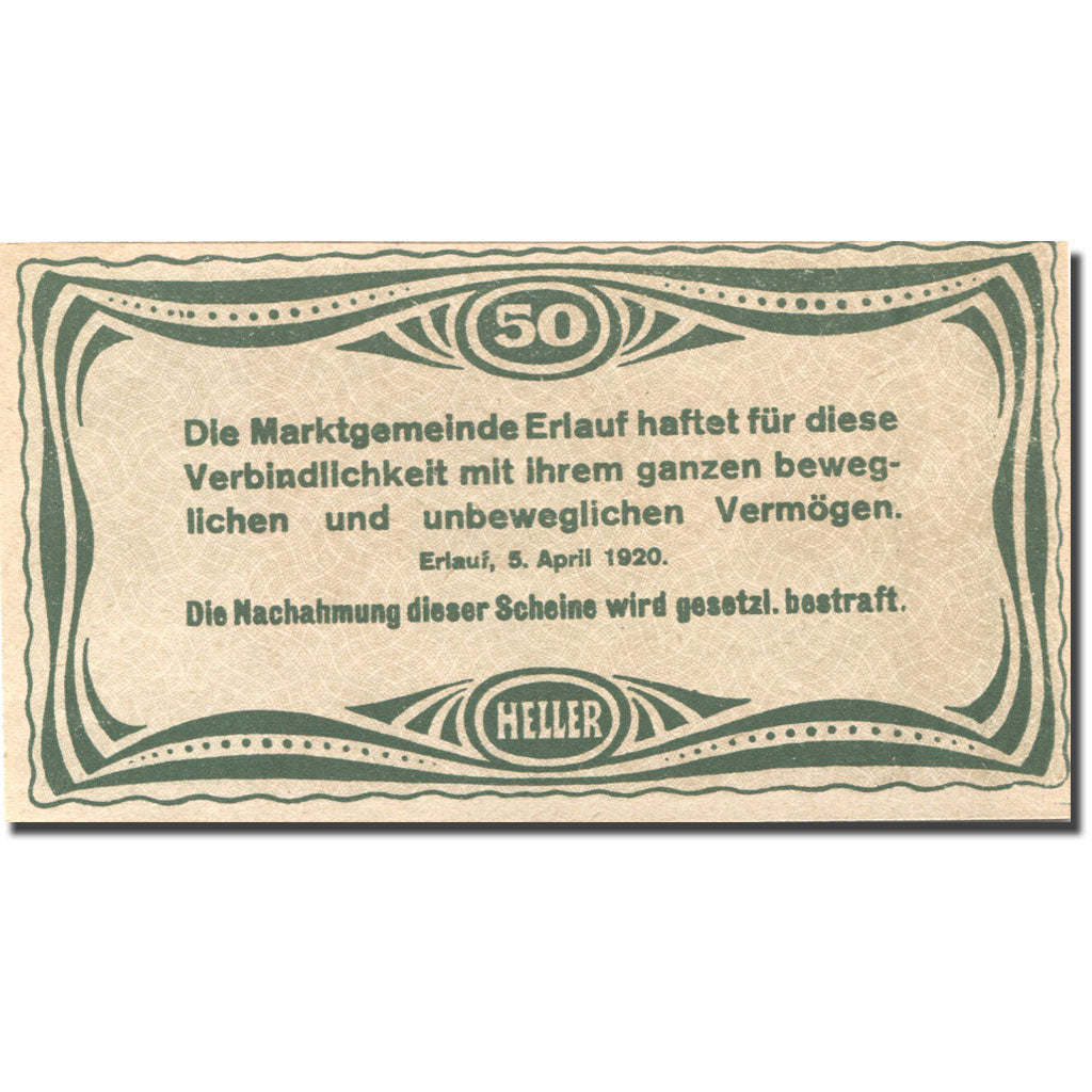 Banknote, Austria, Erlauf, 50 Heller, Eglise, 1920 UNC(63), Mehl:FS 181b