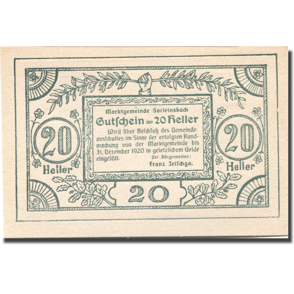 Banknote, Austria, Sarleinsbach, 20 Heller, Fleur, 1920 UNC(63) Mehl:FS 948a