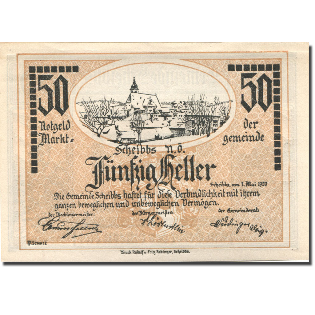 Banknote, Austria, Scheibbs, 50 Heller, village, 1920 UNC(63) Mehl:FS 957