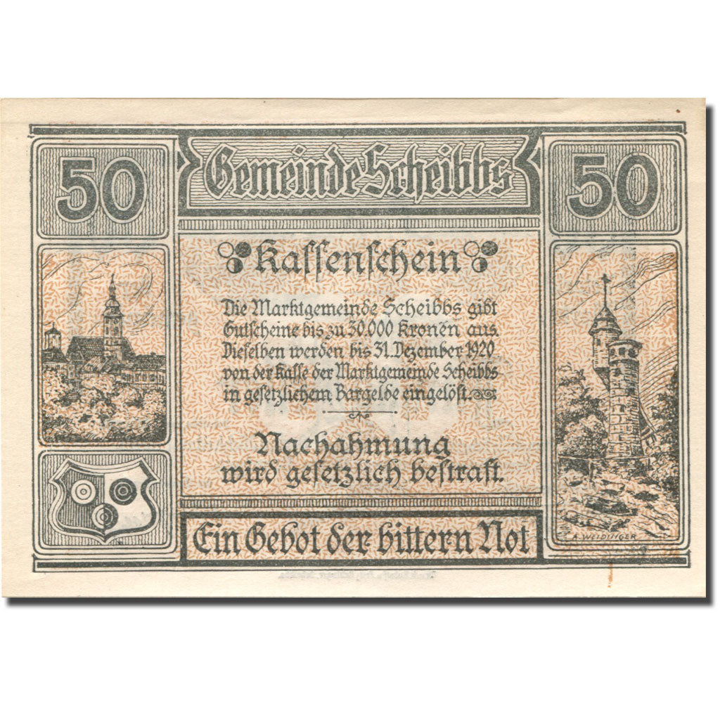 Banknote, Austria, Scheibbs, 50 Heller, village, 1920 UNC(63) Mehl:FS 957