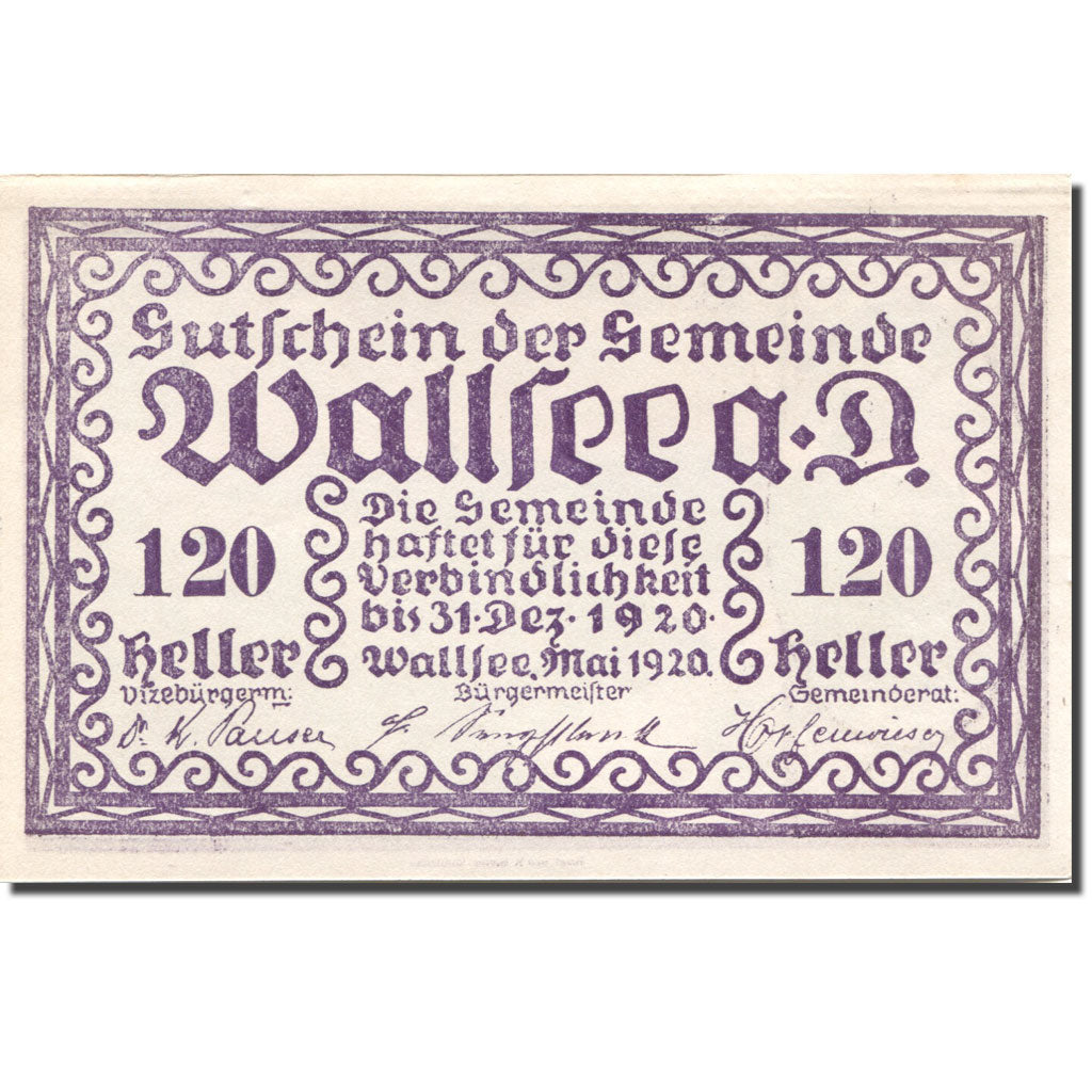 Banknote, Austria, Wallsee, 120 Heller, château, 1920, UNC(63) Mehl:FS 1137II