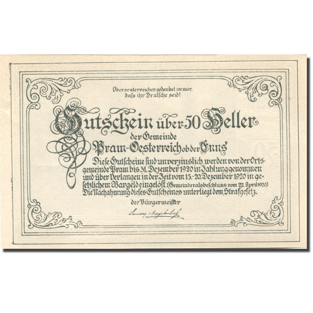 Banknote, Austria, Pram, 50 Heller, château, 1920 UNC(63), Mehl:FS 778a