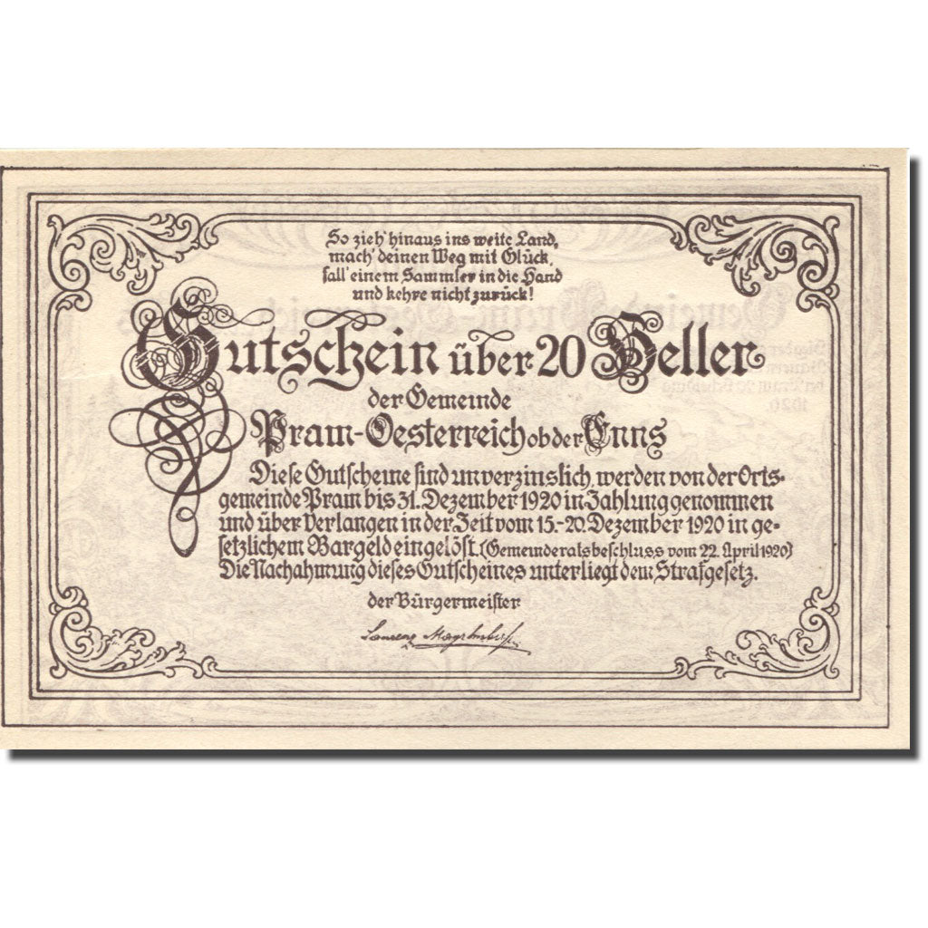 Banknote, Austria, Pram, 20 Heller, château 1920-12-31, UNC(63), Mehl:FS 778a