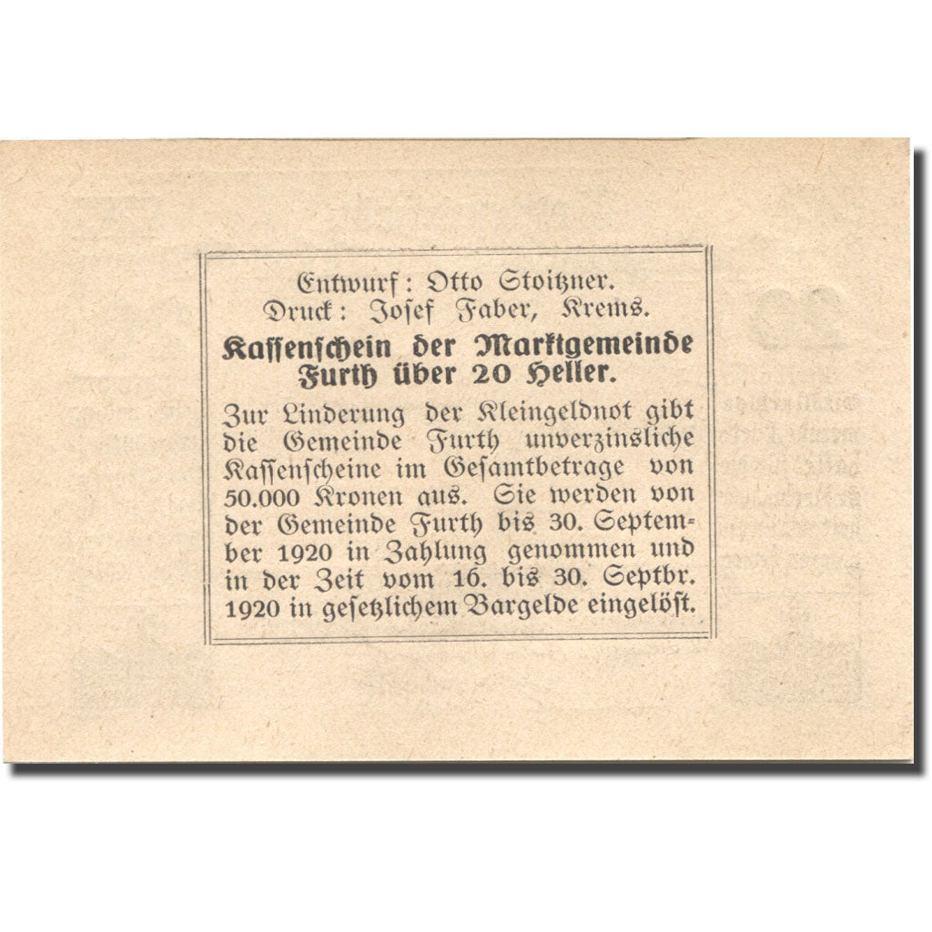 Banknote, Austria, Furth, 20 Heller, village 1920-09-30, UNC(63), Mehl:FS 214c