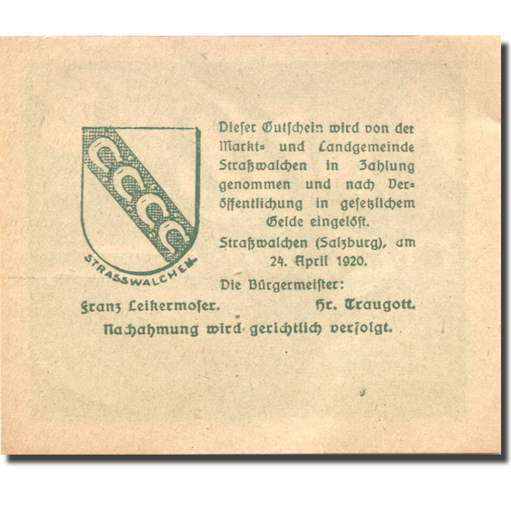 Banknote, Austria, Strasswalchen, 10 Heller, Eglise, 1920 UNC(63) Mehl:FS 1047a