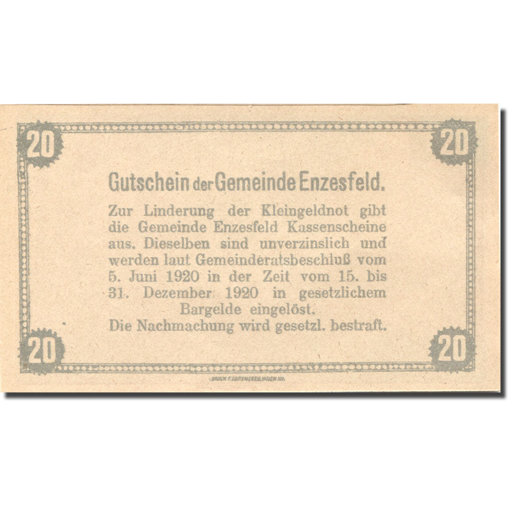 Banknote, Austria, Enzesfeld, 20 Heller, Usine, 1920 UNC(63) Mehl:FS 179a