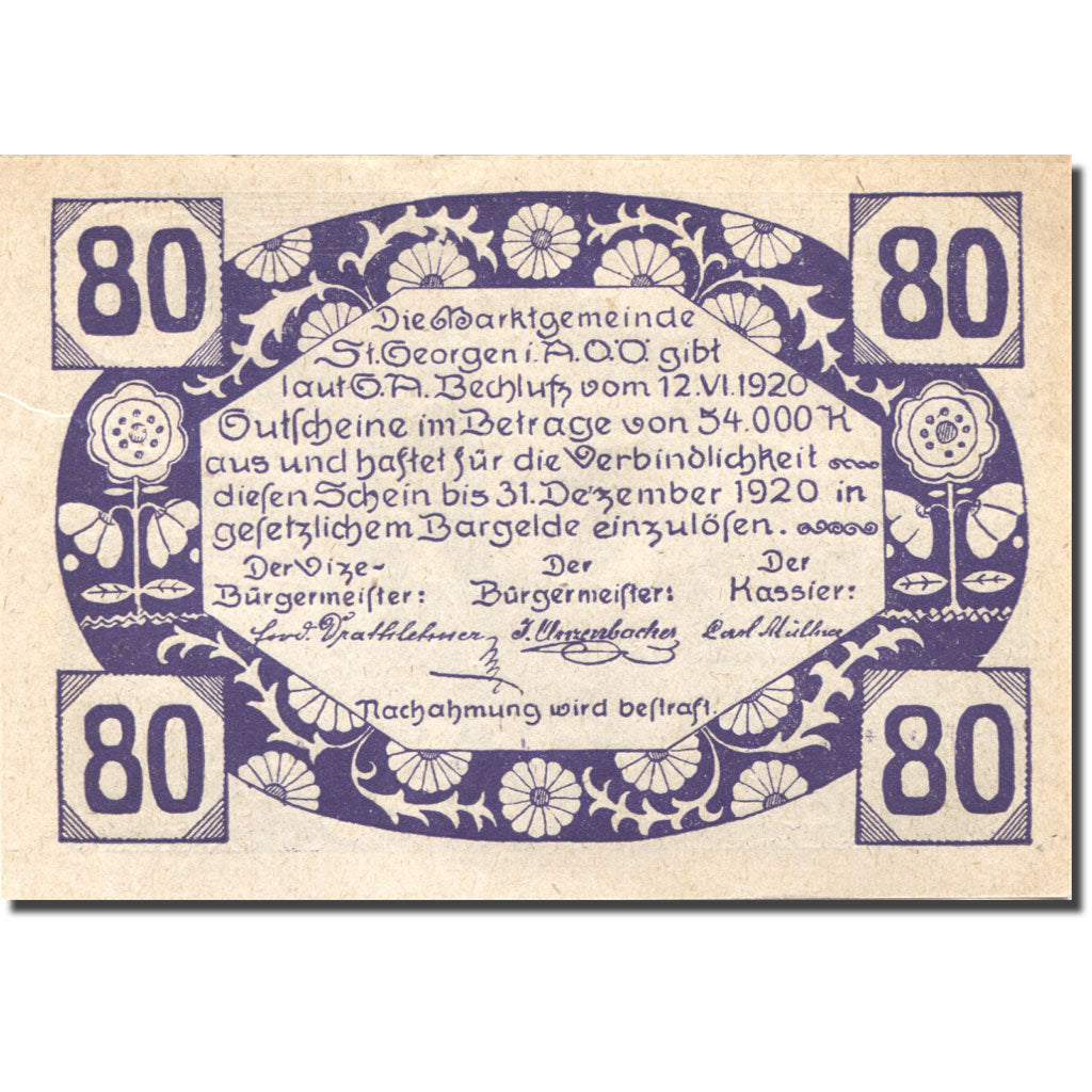 Banknote, Austria, St Georgen, 80 Heller, personnage 1920 UNC(63) Mehl:FS 888IIa