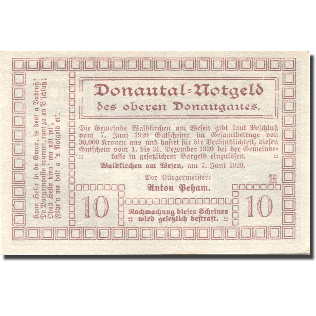 Banknote, Austria, Waldkirchen, 10 Heller, village, 1920 UNC(63) Mehl:FS 1133d