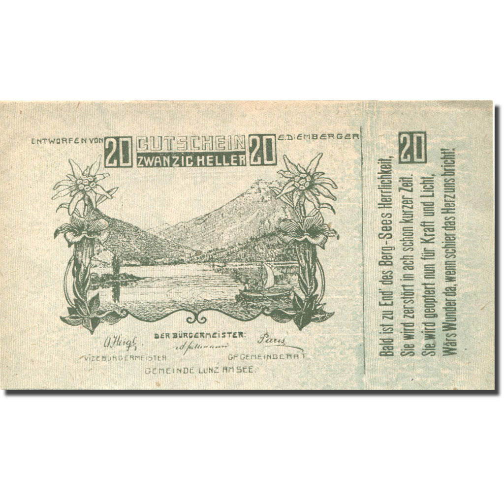 Banknote, Austria, Lunz am See, 20 Heller, lac, 1920 UNC(63) Mehl:FS 571a
