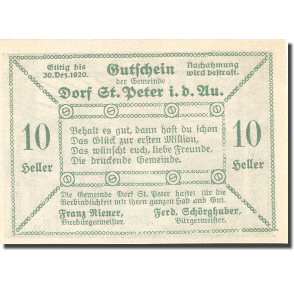 Banknote, Austria, St Peter in der Au, 10 Heller, champs, 1920 UNC(63) FS 923Aa