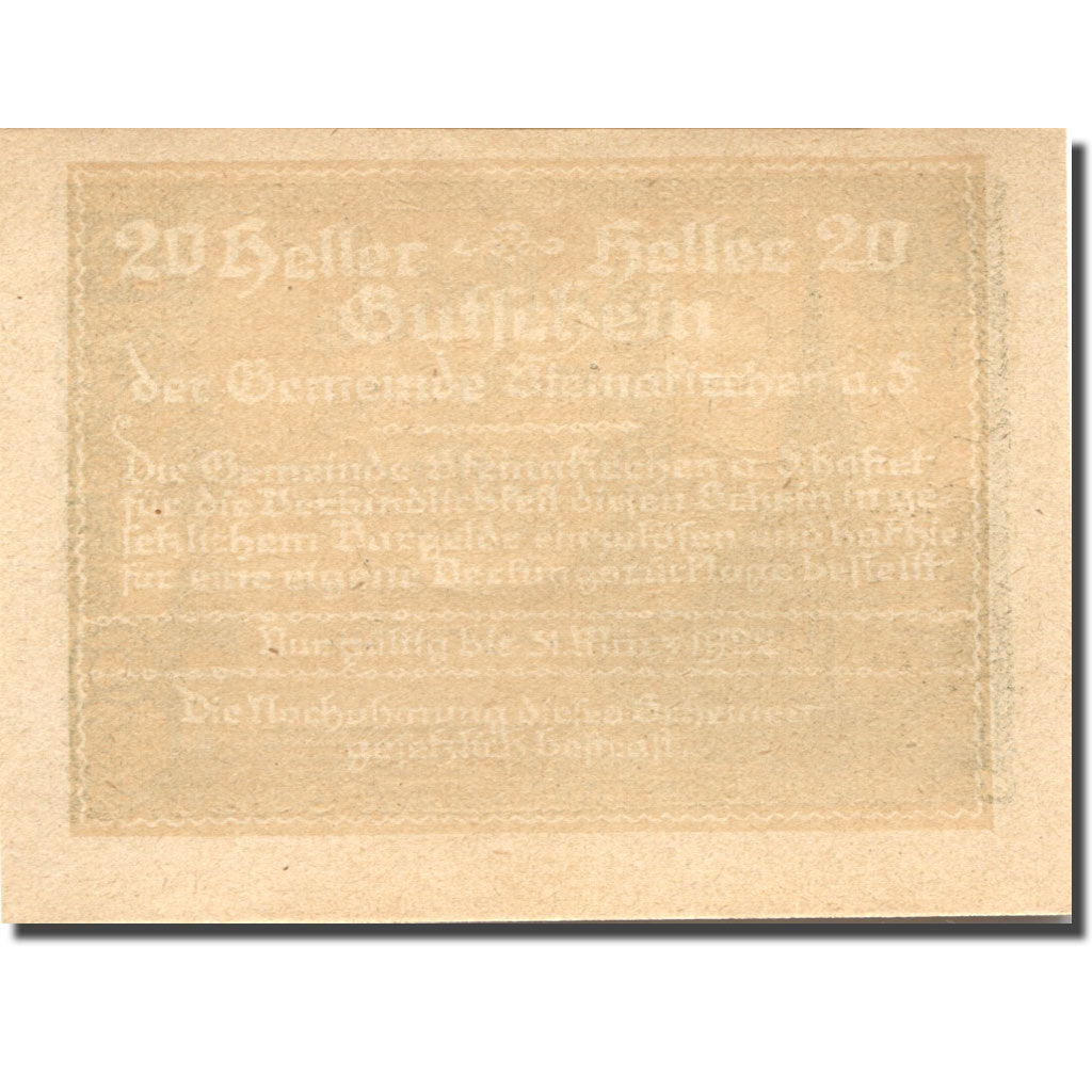 Banknote, Austria, Steinakirchen 20 Heller, Eglise, 1922 UNC(63) Mehl:FS 1017IIa