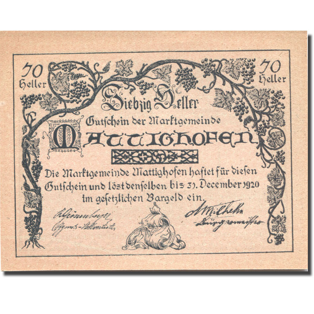 Banconote, Austria, Mattighofen, 70 Heller, village, 1920 SPL Mehl:FS 594d