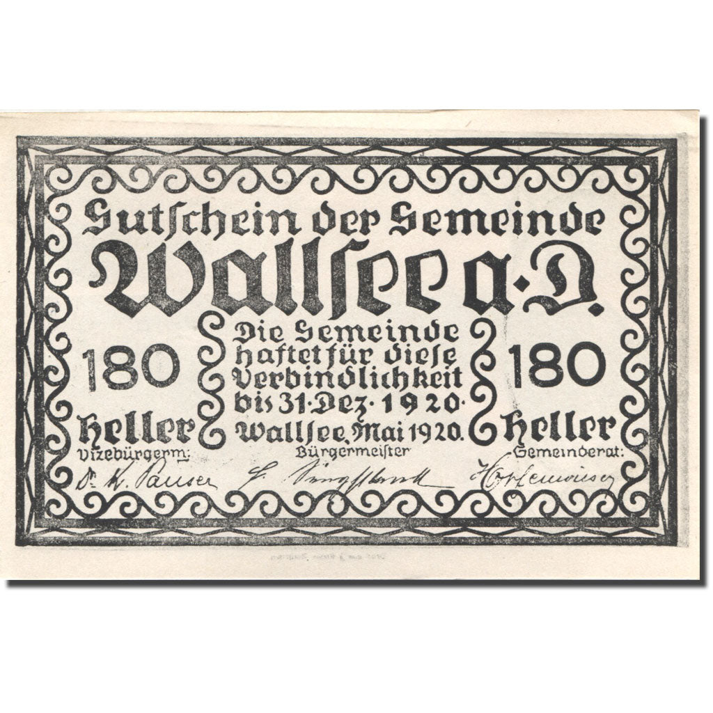 Banknote, Austria, Wallsee, 180 Heller, château 1, 1920 UNC(63) Mehl:FS 1137II