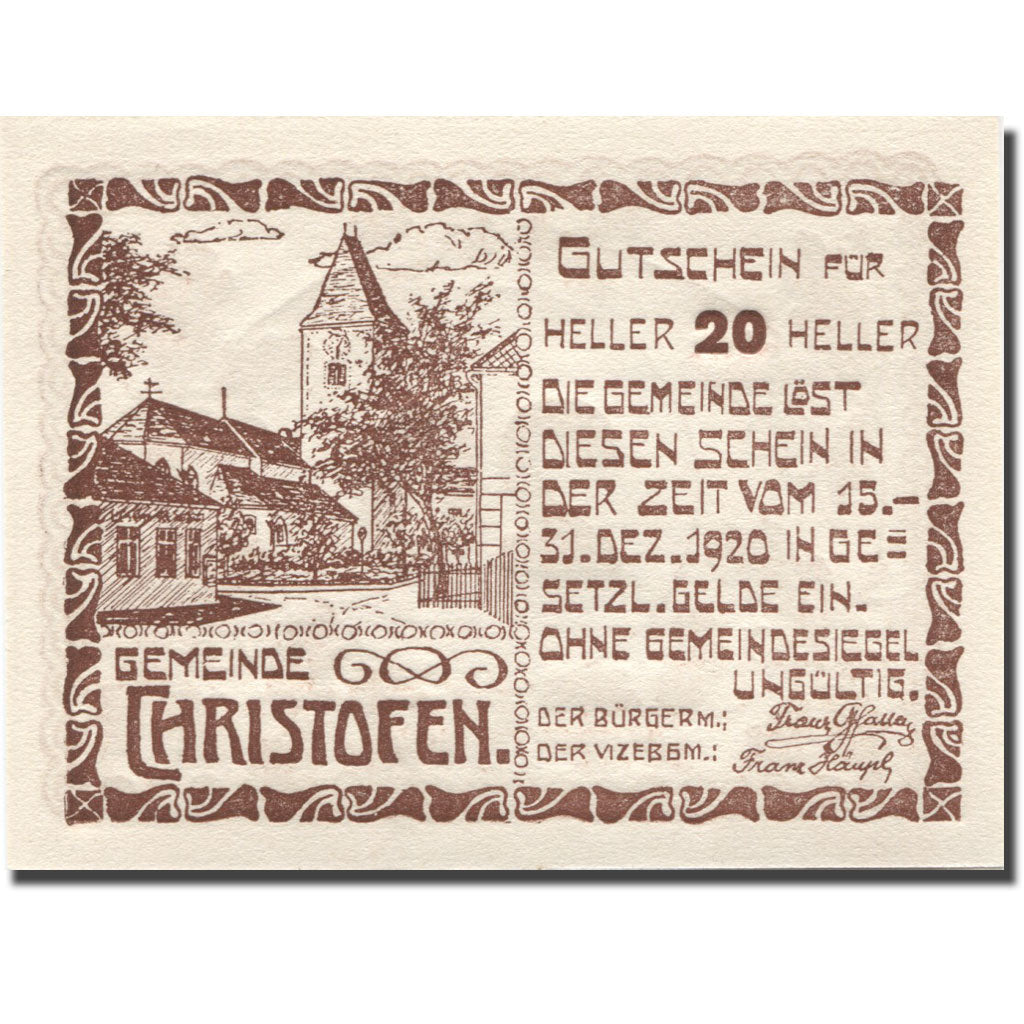 Banknote, Austria, Christofen, 20 Heller, Eglise, 1920 UNC(63) Mehl:FS 117a