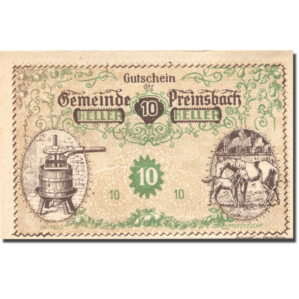 Banknote, Austria, Preinsbach, 10 Heller, cheval, 1920 UNC(63) Mehl:FS 782a