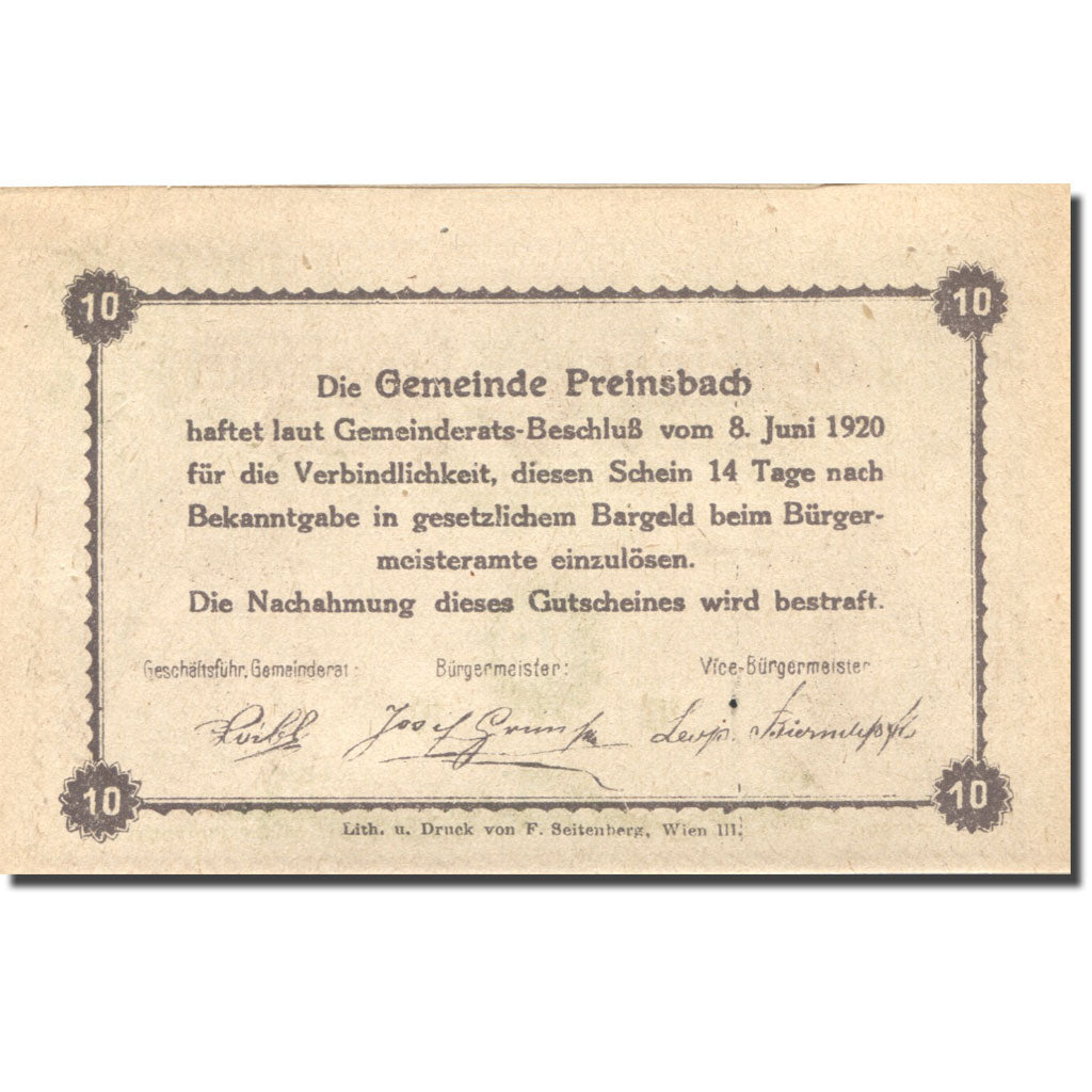 Banknote, Austria, Preinsbach, 10 Heller, cheval, 1920 UNC(63) Mehl:FS 782a
