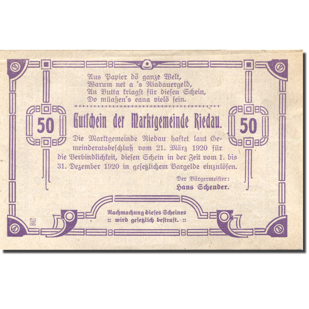 Nota, Áustria, Riedau, 50 Heller, Eglise 1920-12-31, UNC(63) Mehl:FS 837II
