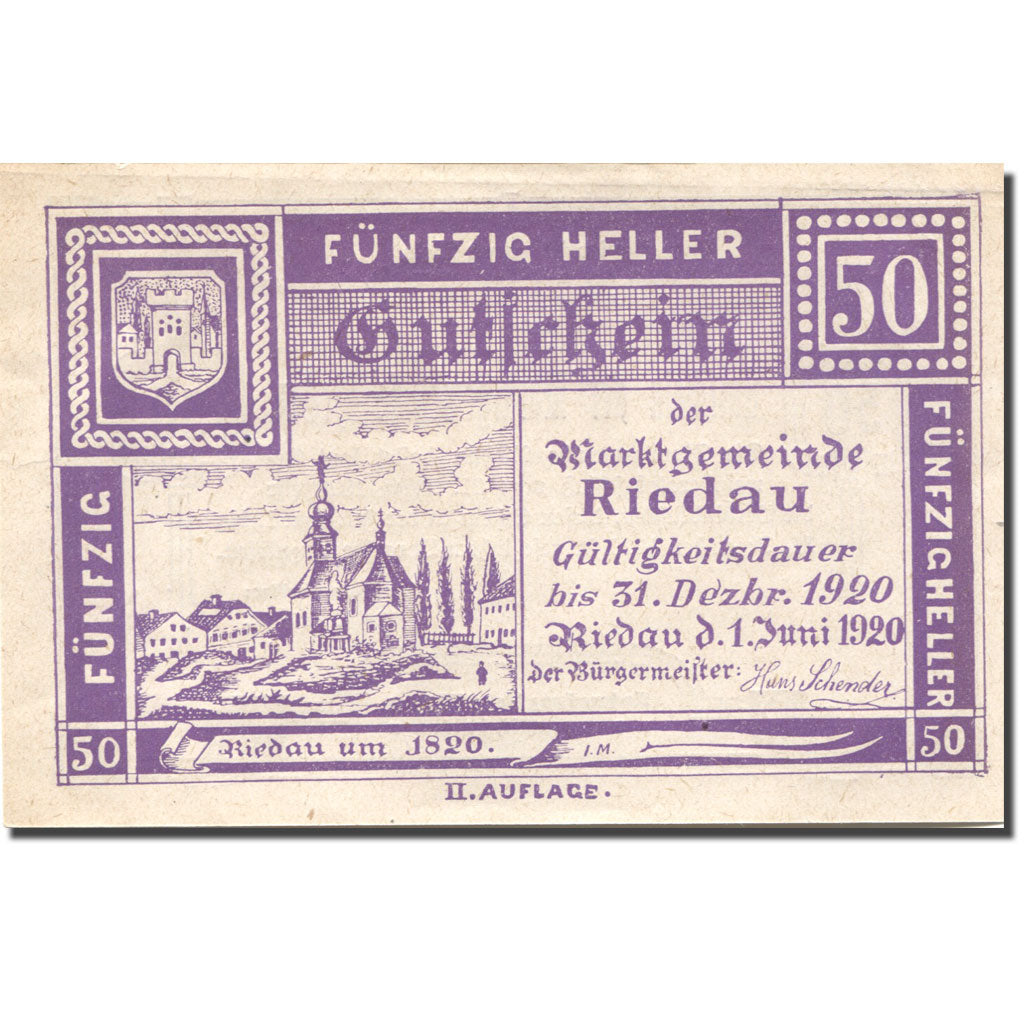 Nota, Áustria, Riedau, 50 Heller, Eglise 1920-12-31, UNC(63) Mehl:FS 837II