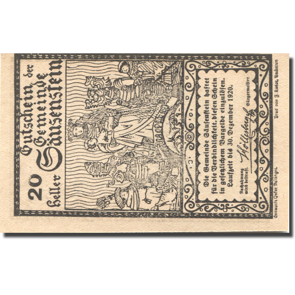 Banknote, Austria, Säusenstein, 20 Heller, Eglise, 1920 UNC(63) Mehl:FS 950c