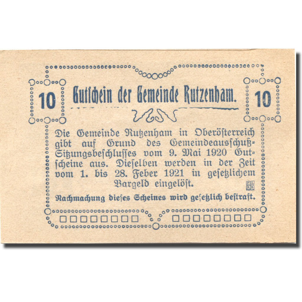 Banknote, Austria, Rutzenham, 10 Heller, Eglise, 1921 UNC(63) Mehl:FS 858Ic