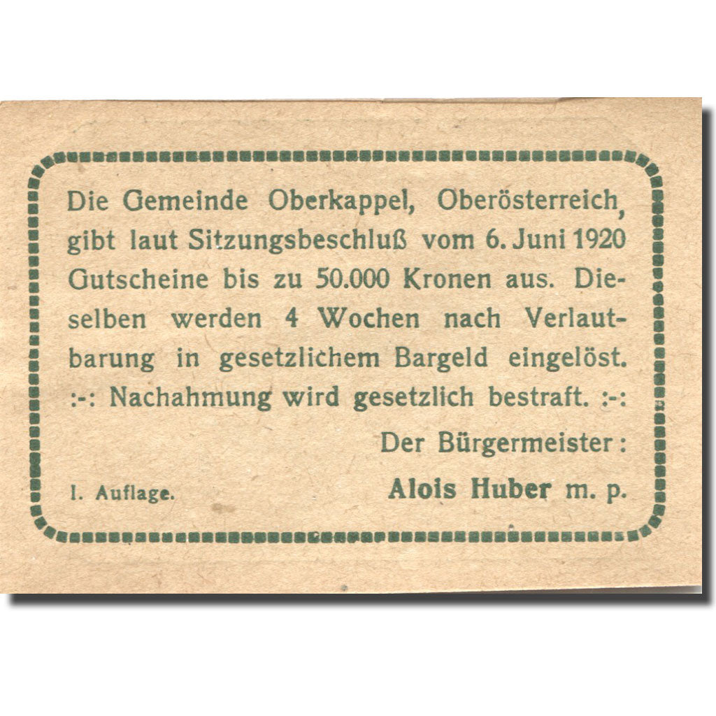 Banknote, Austria, Oberkappel, 20 Heller, village, 1920 UNC(63) Mehl:FS 684b