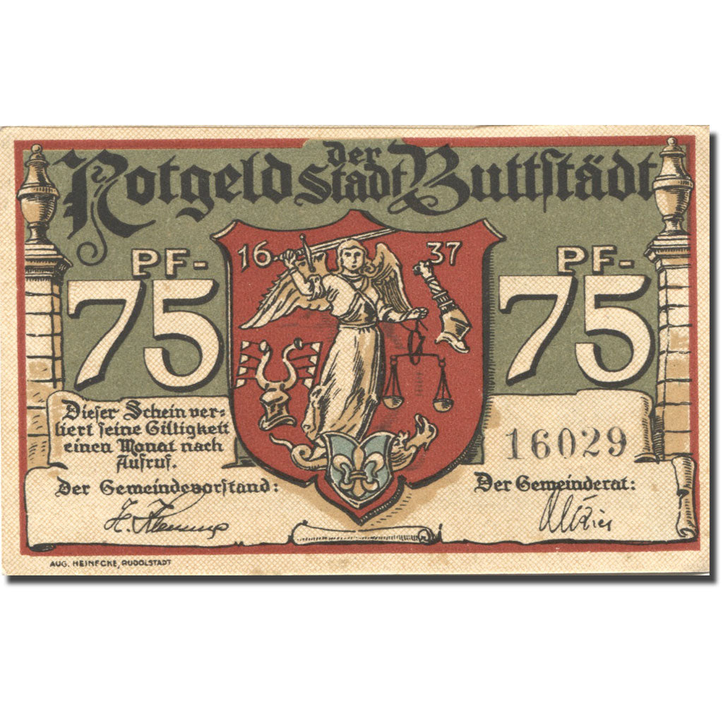 Banknote, Germany, Buttstädt, 75 Pfennig, Blason, UNC(63), Mehl:211.1a