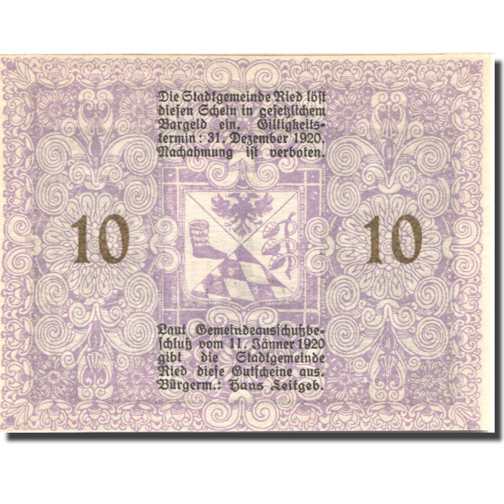 Banknote, Austria, Ried, 10 Heller, Monument 1920-12-31, UNC(63), Mehl:FS 834IIa