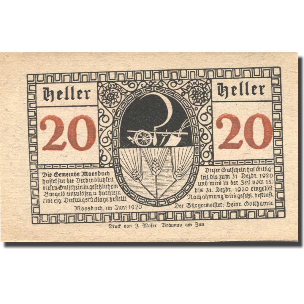Banknote, Austria, Moosbach, 20 Heller, château, 1920 UNC(63) Mehl:FS 628a