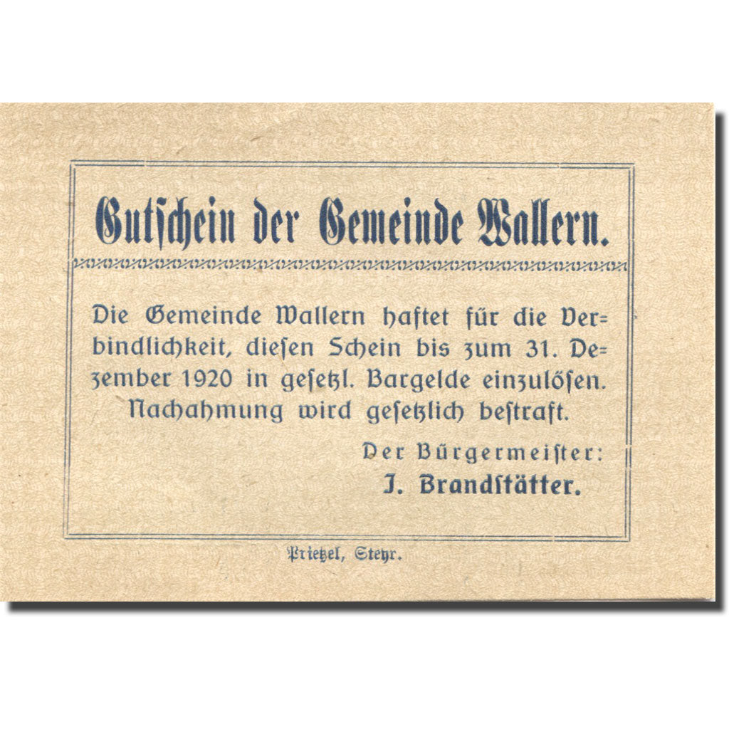 Banknote, Austria, Wallern, 20 Heller, village, 1920 UNC(63) Mehl:FS 1136a