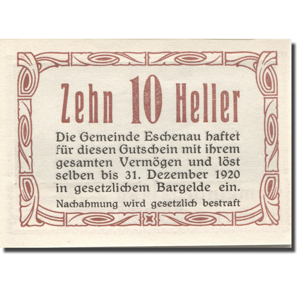 Banknote, Austria, Eschenau, 10 Heller, mairie, 1920 UNC(63) Mehl:FS 186c