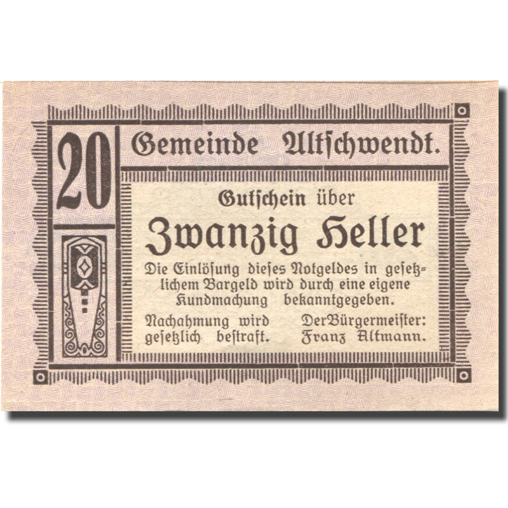 Banknote, Austria, Altschwendt, 20 Heller face value 1920 UNC(63) Mehl:FS 35Ia