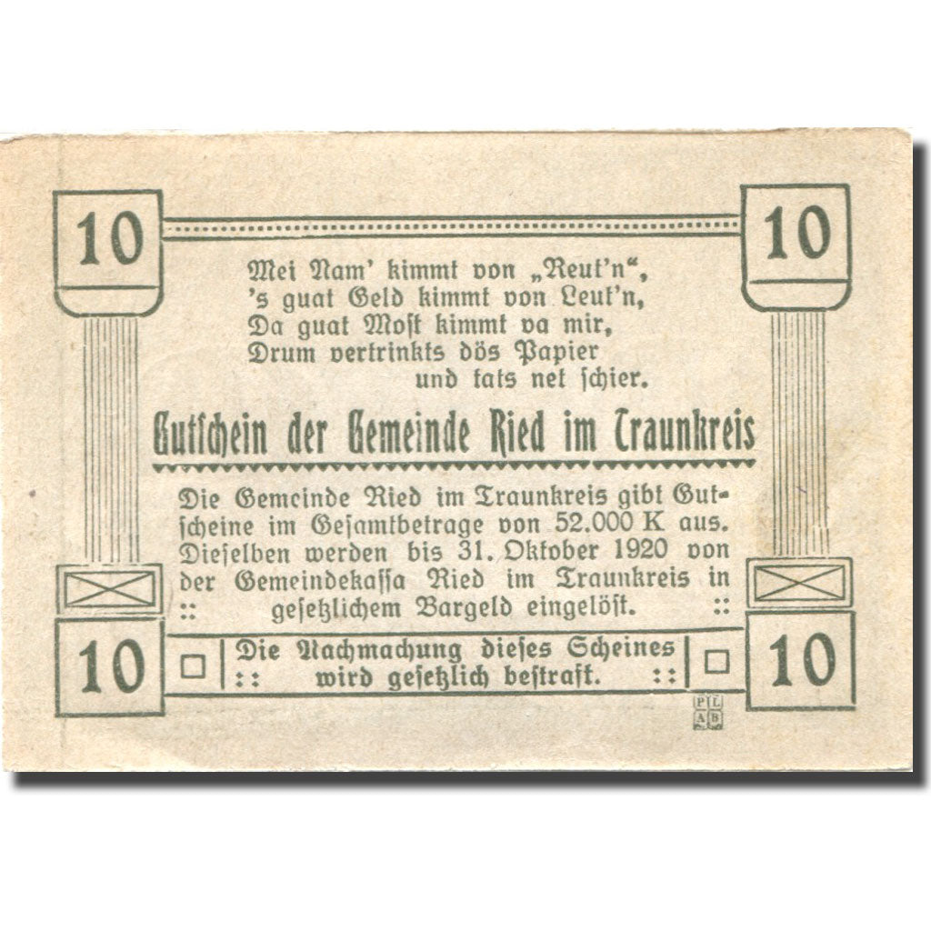 Banknote, Austria, Ried, 10 Heller, Eglise 1920-10-31, UNC(63), Mehl:FS 836Ib