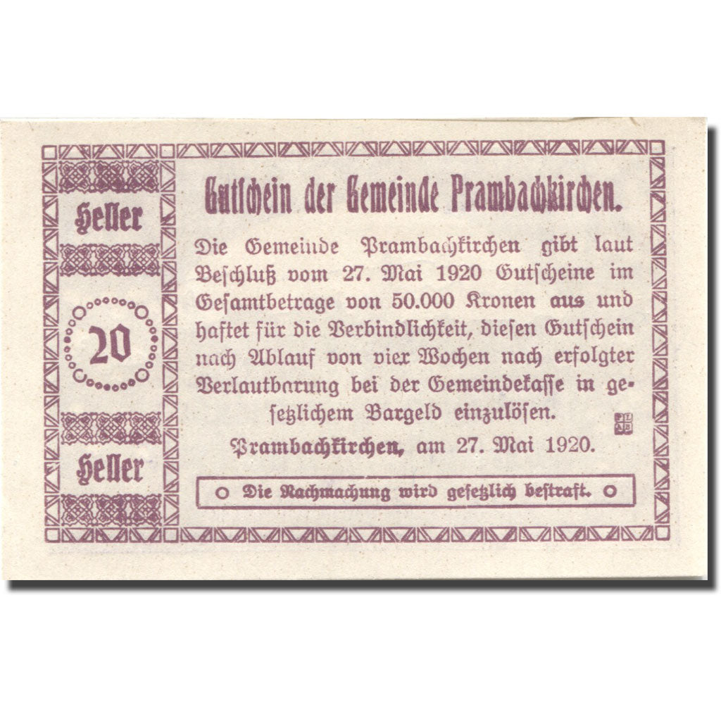 Banknote, Austria, Prambachkirchen, 20 Heller, village 1920 UNC(63) Mehl:FS 779a