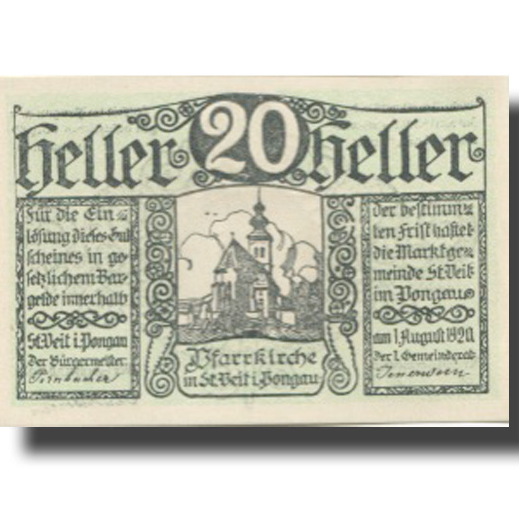 Banknote, Austria, Pongau, 20 Heller, Eglise, 1920 UNC(63) Mehl:FS 945a