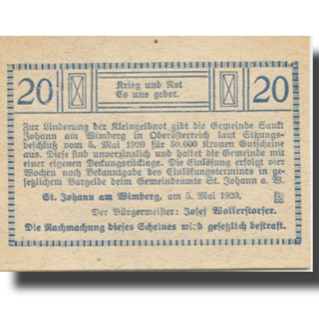 Banknote, Austria, St Johann, 20 Heller, Eglise, 1920 UNC(63) Mehl:FS 894aa