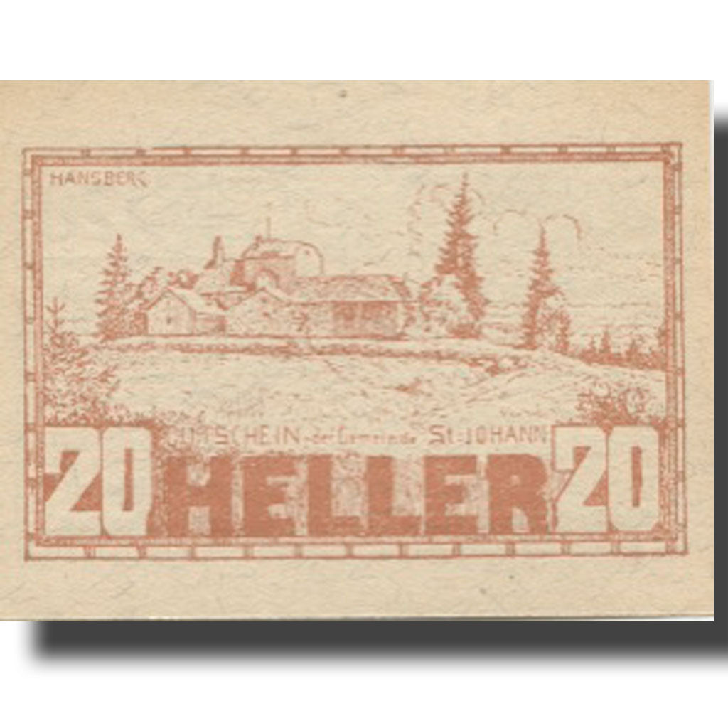 Banknote, Austria, St Johann, 20 Heller, Eglise, 1920 UNC(63) Mehl:FS 894aa