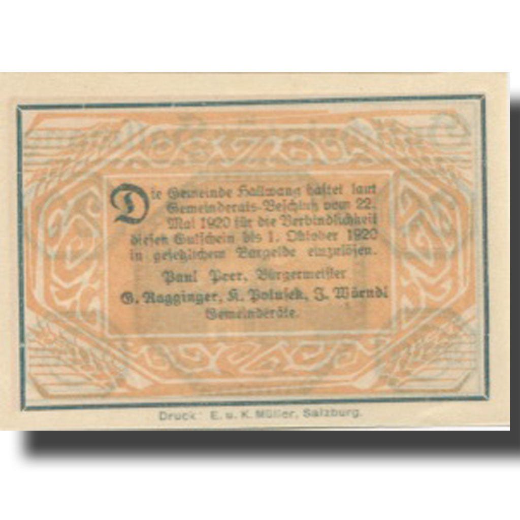 Banknote, Austria, Hallwang, 20 Heller, Eglise, 1920 UNC(63) Mehl:FS 346a